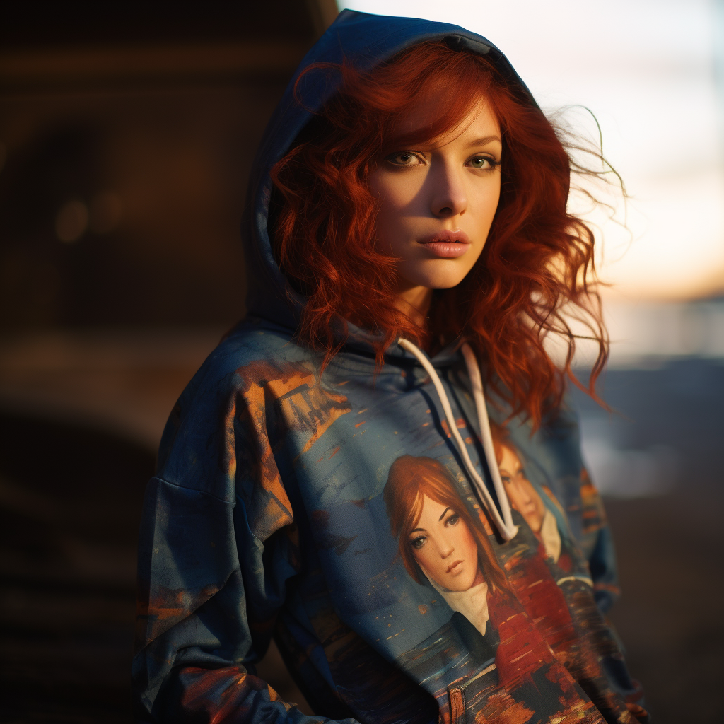 A woman is playing in a graphic hoodie