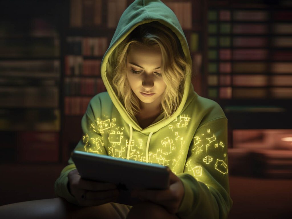 A woman is playing in a graphic hoodie with a text design