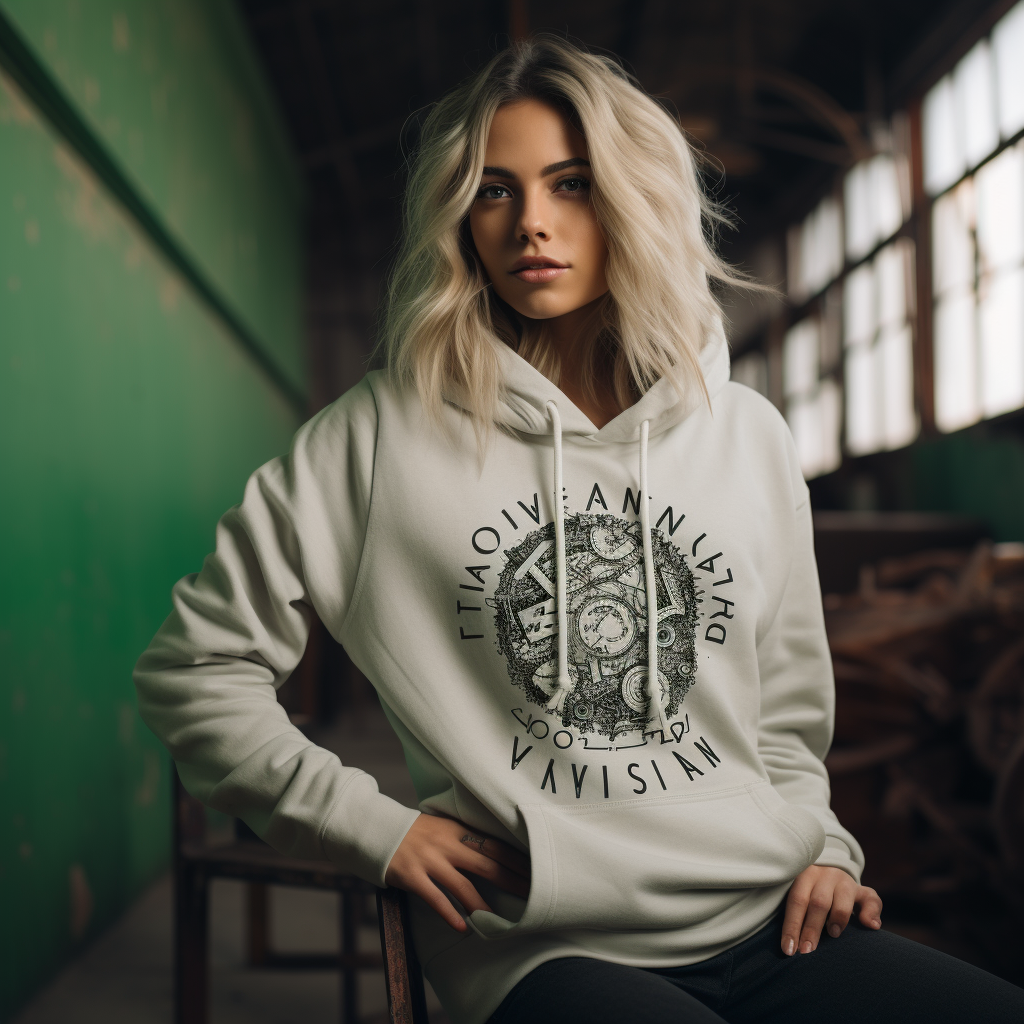A woman is playing in a graphic hoodie