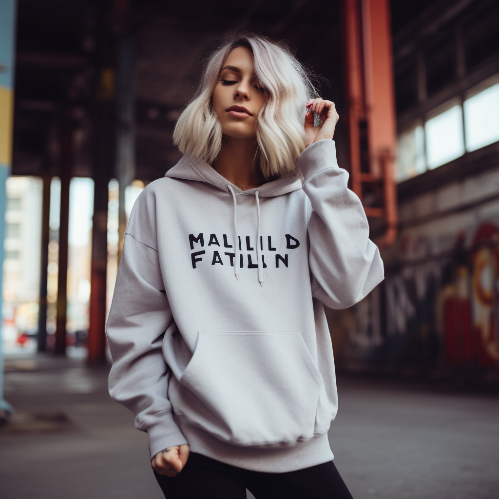 A woman is playing in a graphic hoodie with a text design