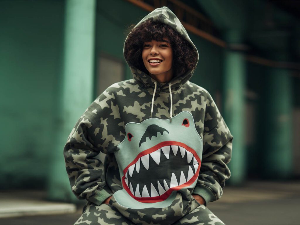 A woman is playing in a shark camouflage bape hoodie