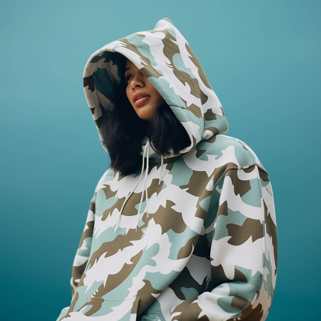A woman is playing in a shark camouflage bape hoodie