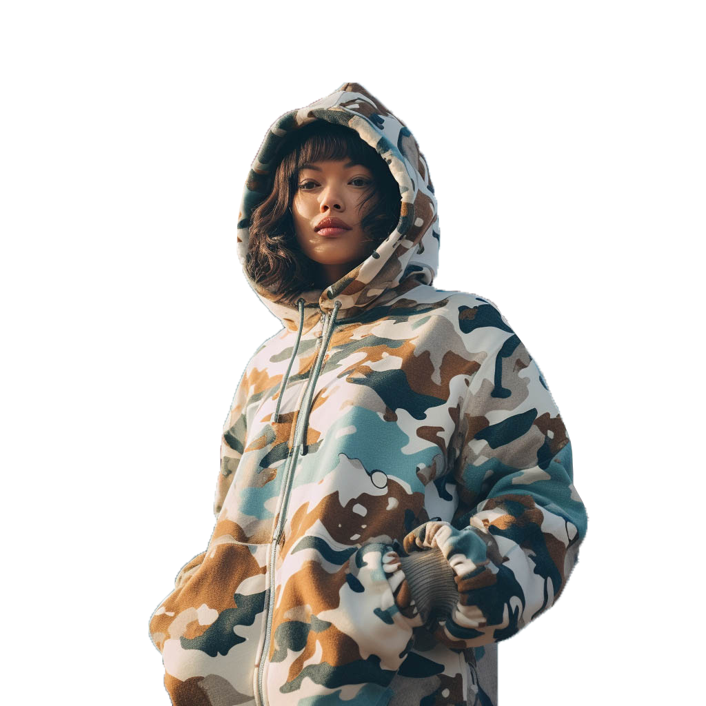 A woman is playing in a shark camouflage bape hoodie