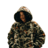 A woman is playing in a shark camouflage bape hoodie