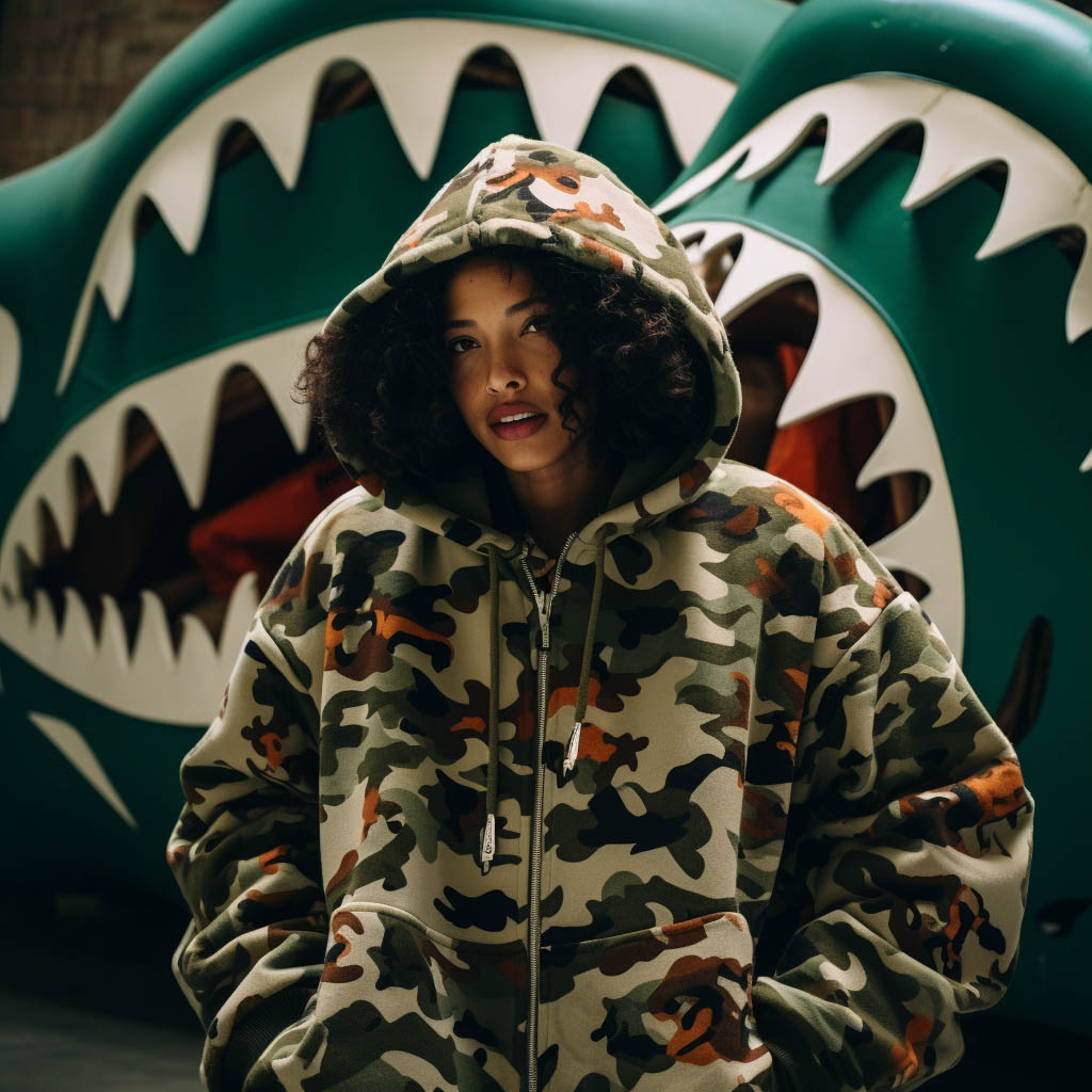 A woman is playing in a shark camouflage bape hoodie
