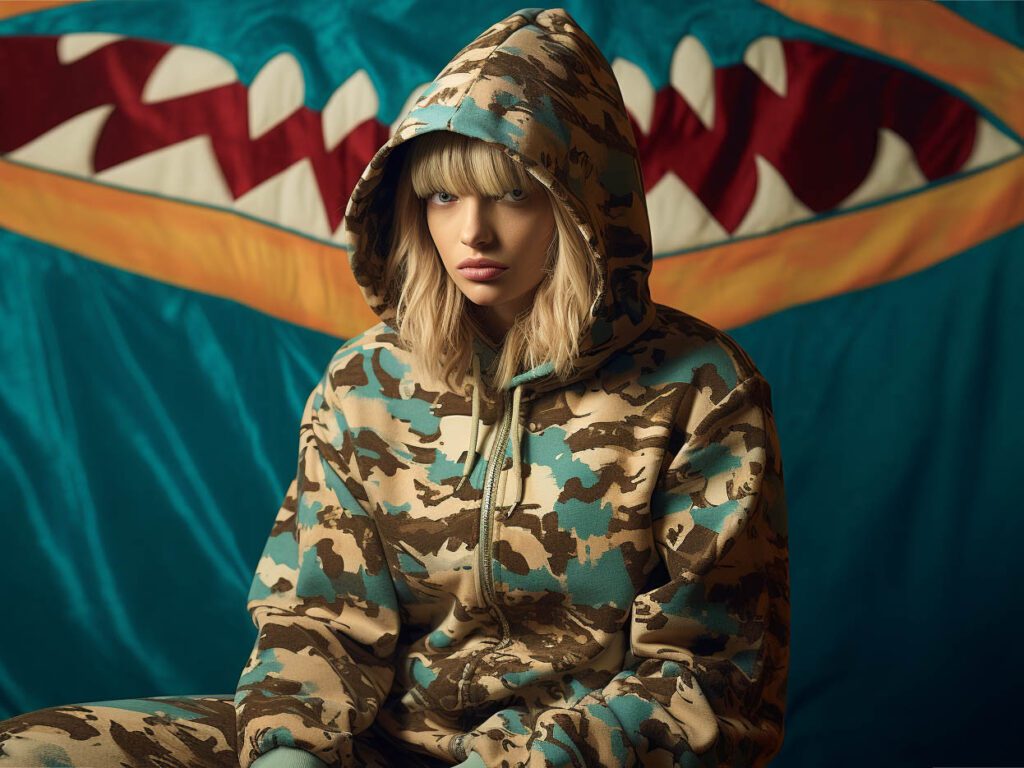 A woman is playing in a shark camouflage bape hoodie