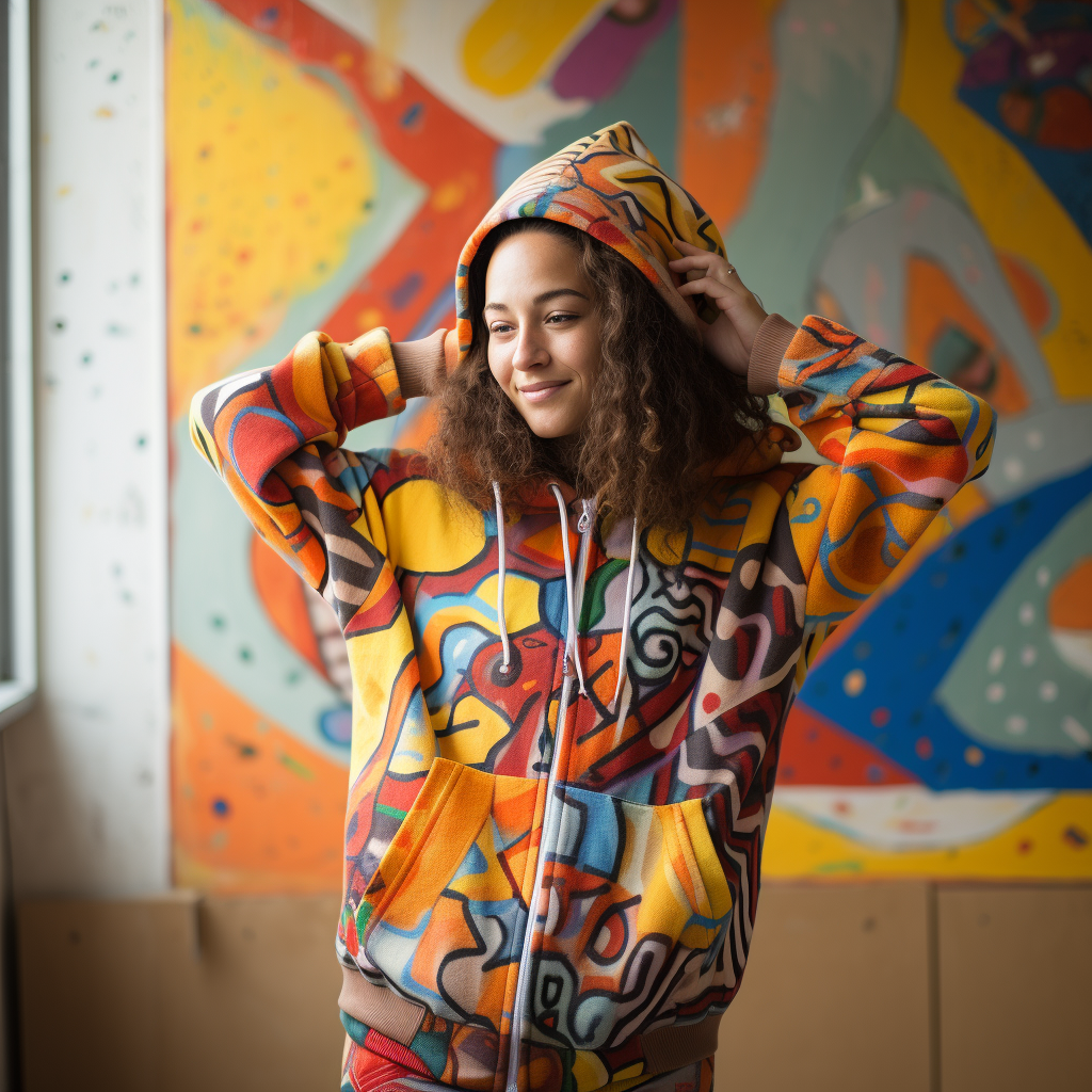 A woman plays in a patterned hoodie with an abstract pattern