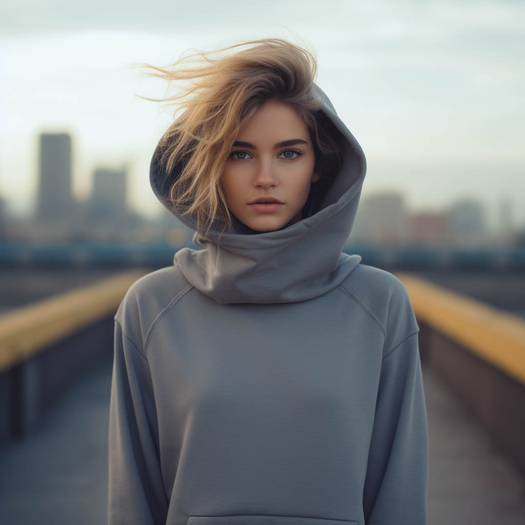 A woman shows off wearing a turtleneck hoodie