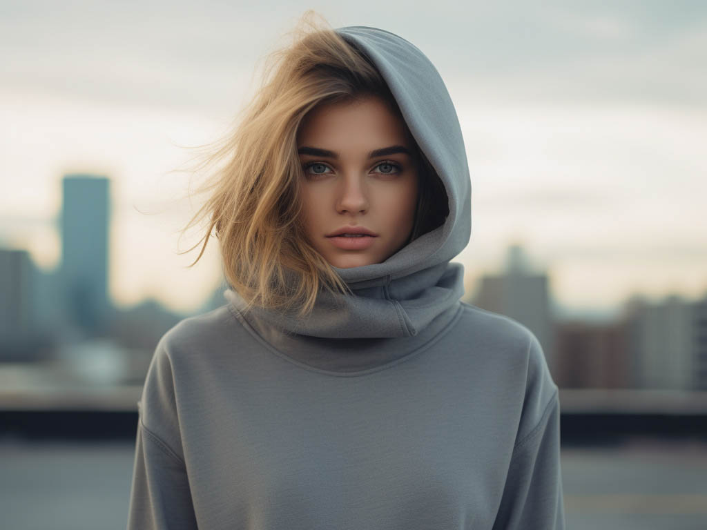 A woman shows off wearing a turtleneck hoodie