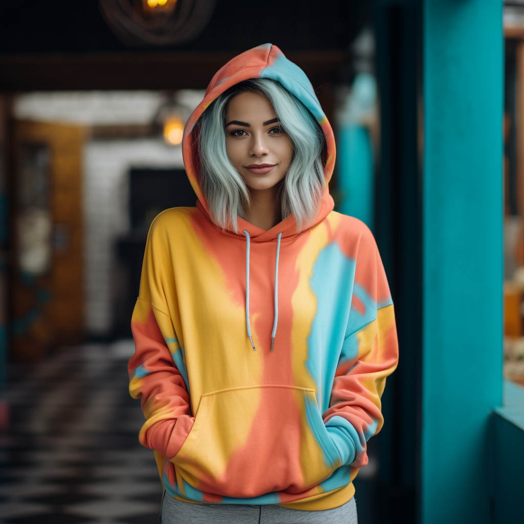 A woman shows off wearing a two-color or multi-color hoodie