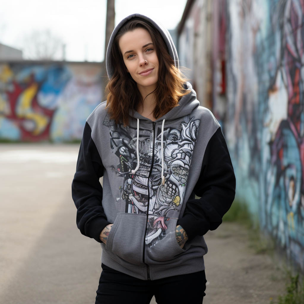 A woman shows off wearing a zip-up hoodie