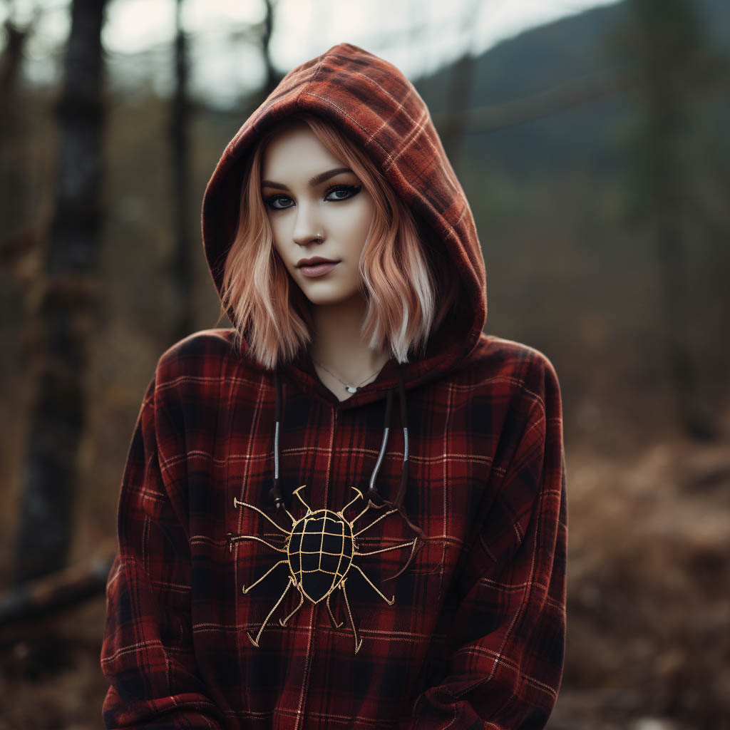 A woman wearing a flannel spider print hoodie