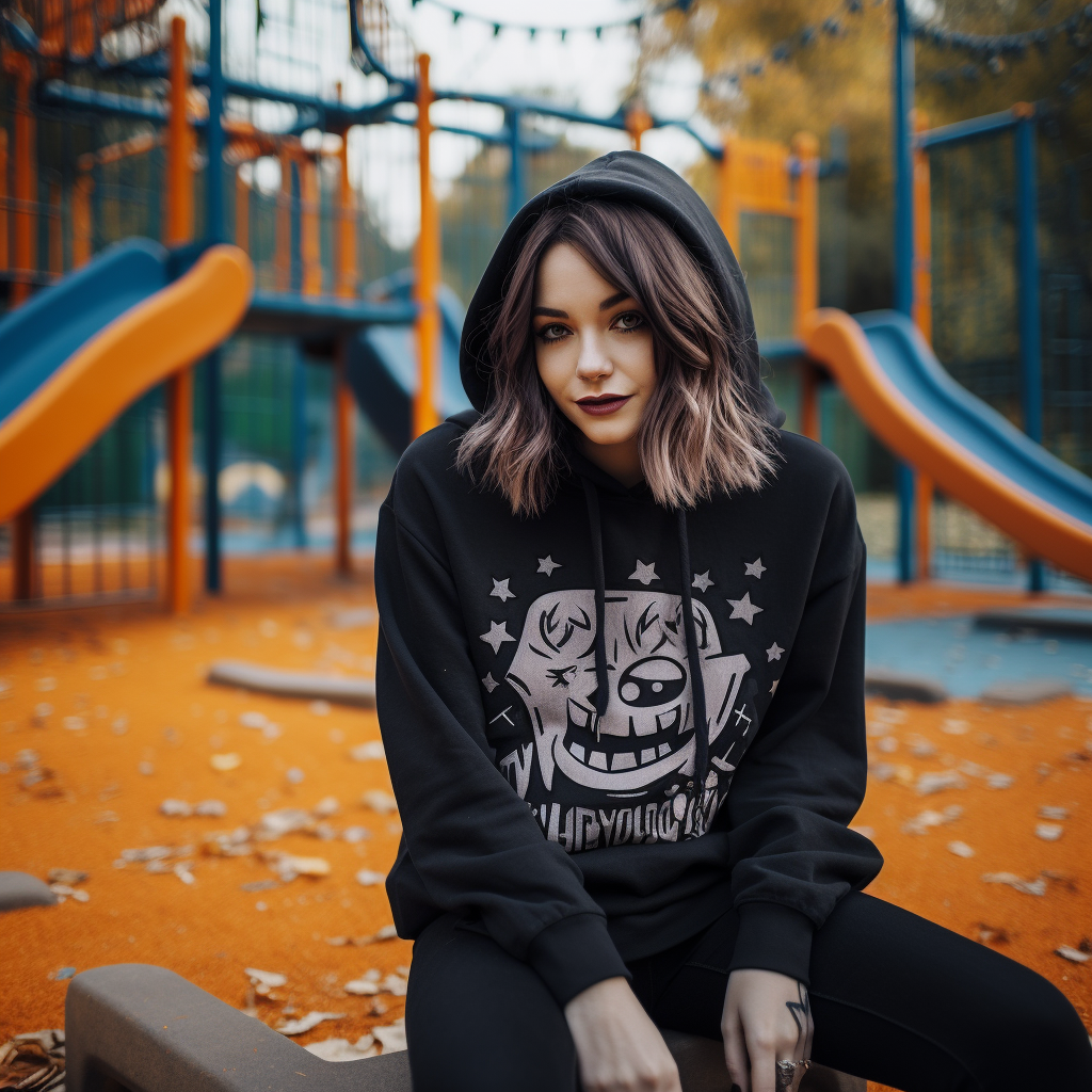 A woman is playing in a graphic hoodie