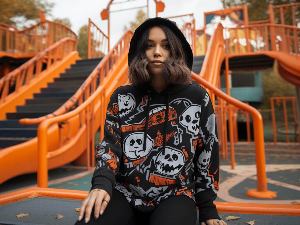 A woman wearing a graphic hoodie plays at a Halloween playground
