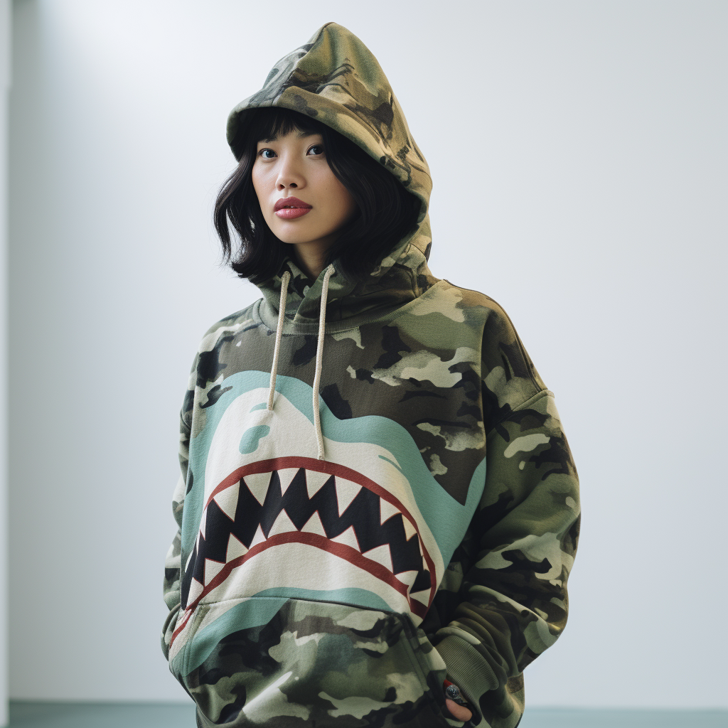 A woman wearing a polyester shark camo bape hoodie on display