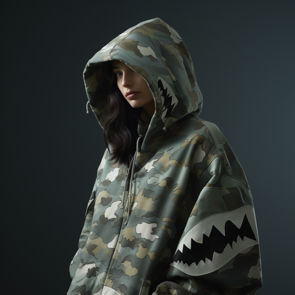 A woman wearing a shark camo bape hoodie in silk fabric on display