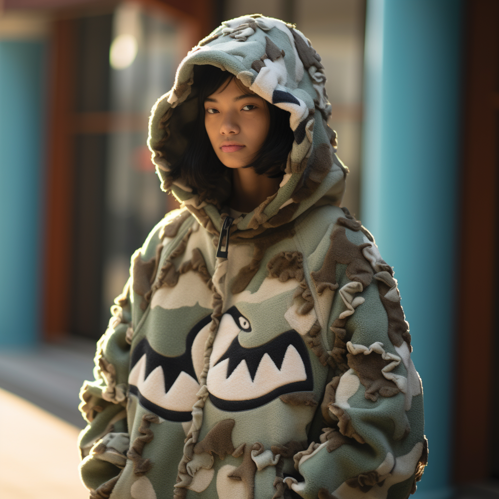 A woman wearing a shark camo bape hoodie made of fleece fabric on display