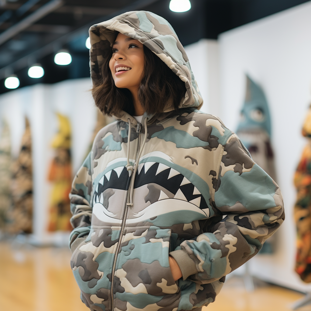 A woman wearing a shark camo bape hoodie made of nylon fabric on display
