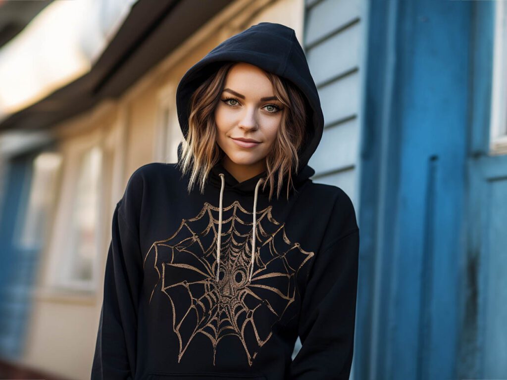 A woman wearing a spider print hoodie on display
