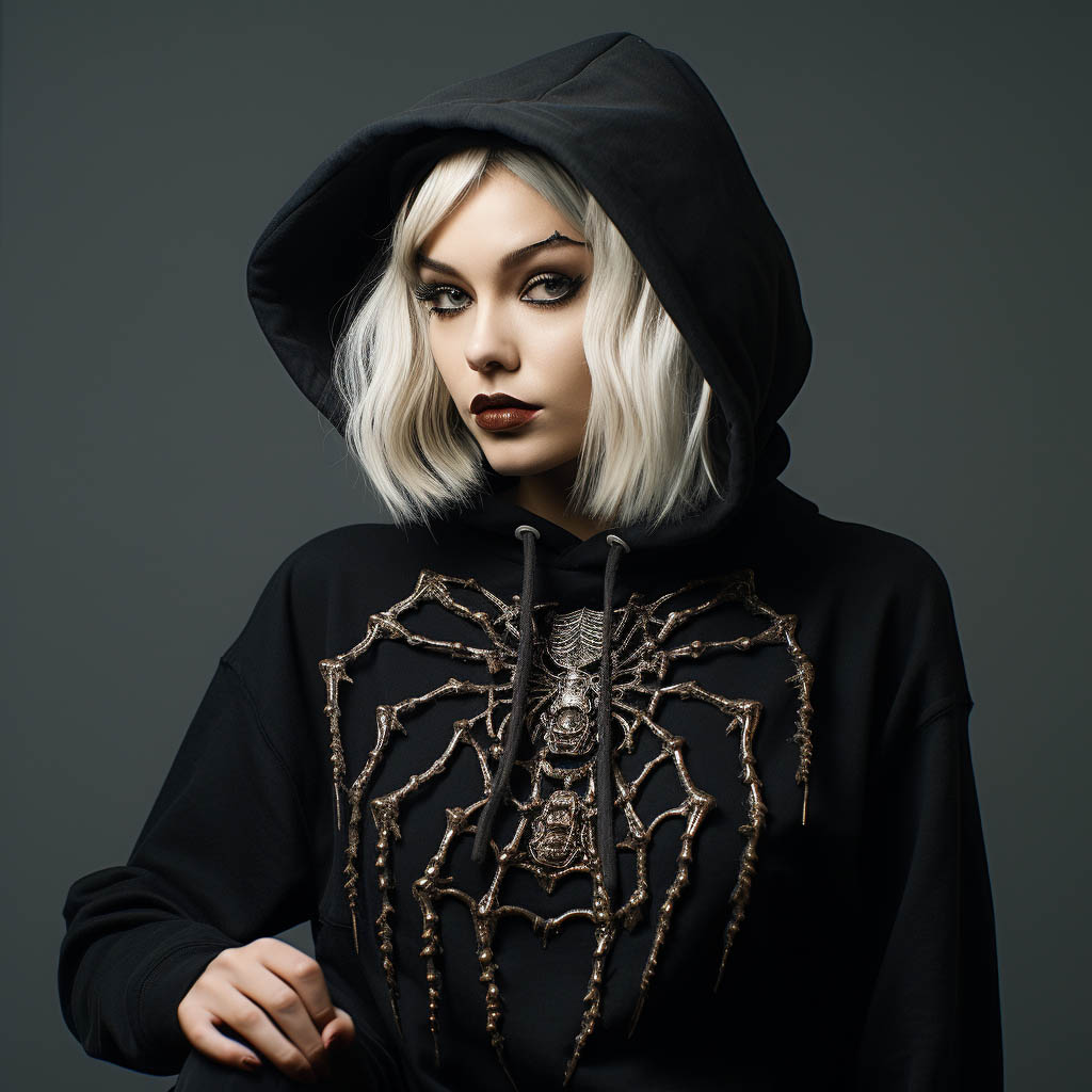 A woman wearing a spider print hoodie on display