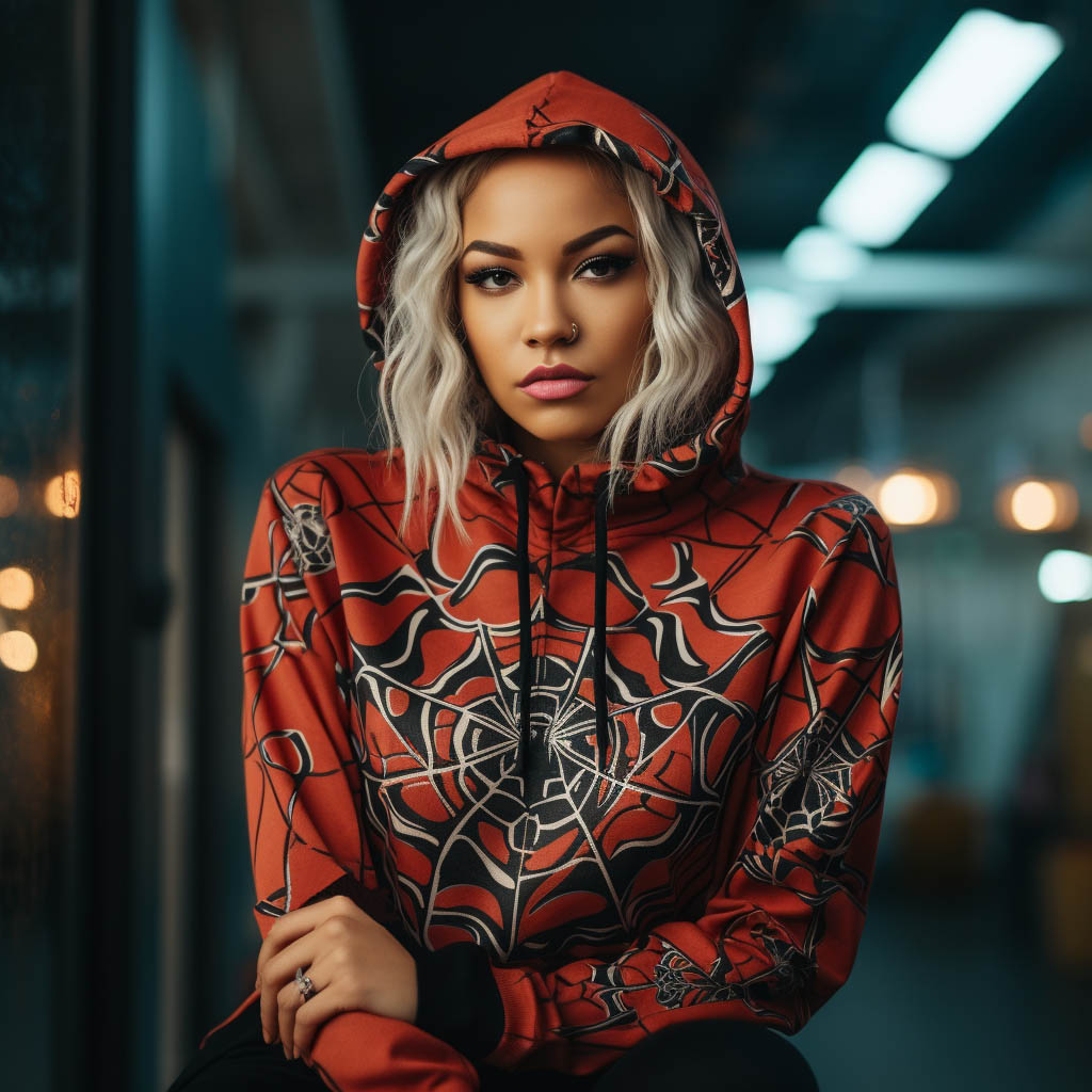 A woman wearing a spider print hoodie on display