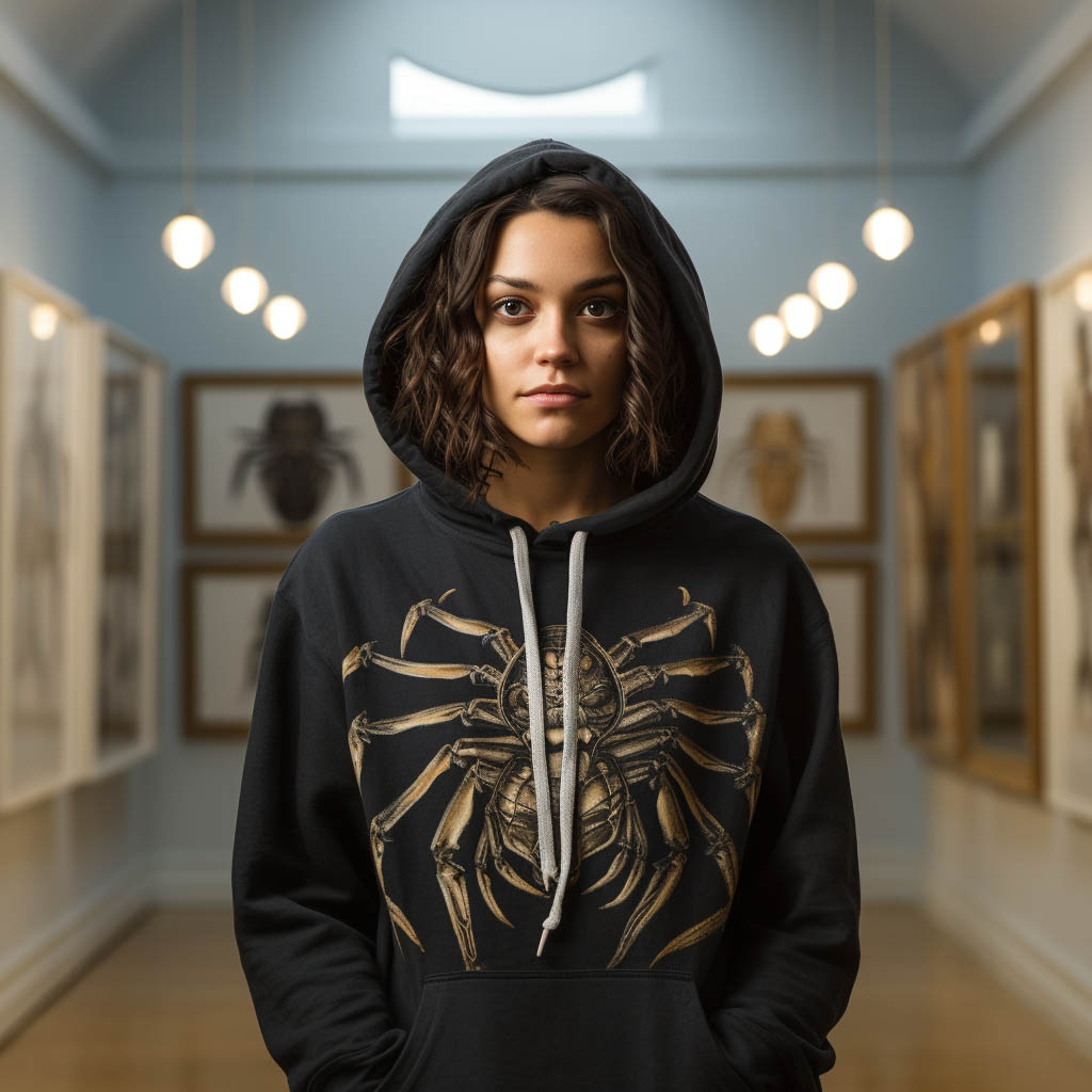 A woman wearing a spider print hoodie on display