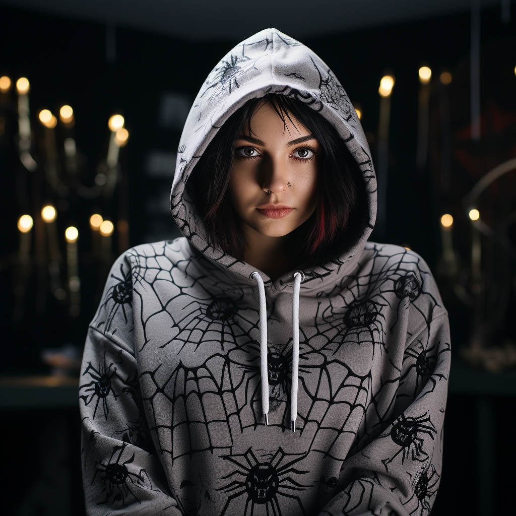A woman wearing a spider print hoodie on display