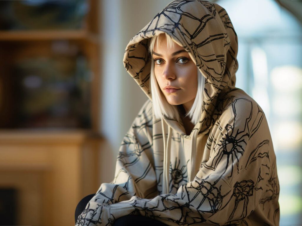 A woman wearing a spider print hoodie on display