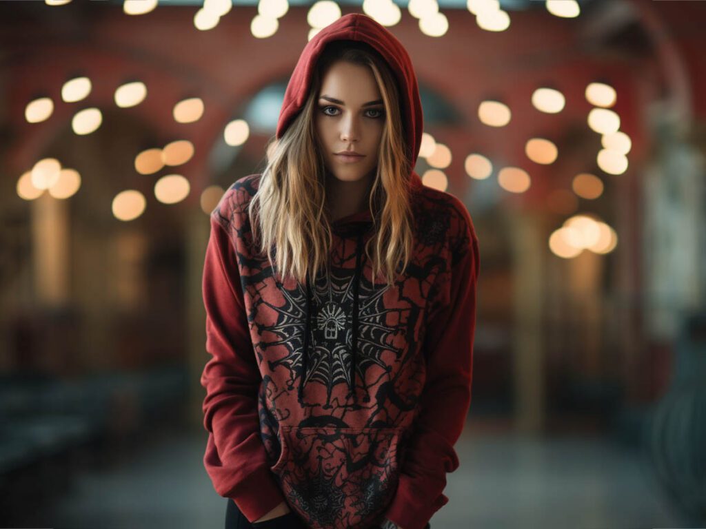 A woman wearing a spider print hoodie on display