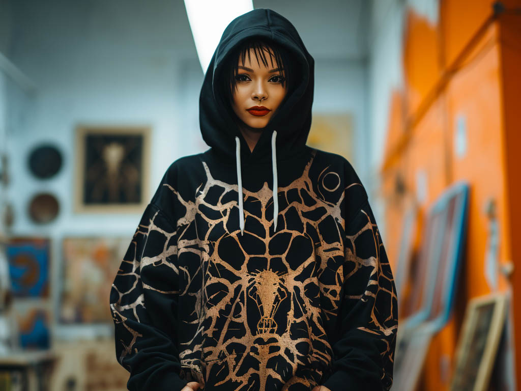A woman wearing a spider print hoodie on display