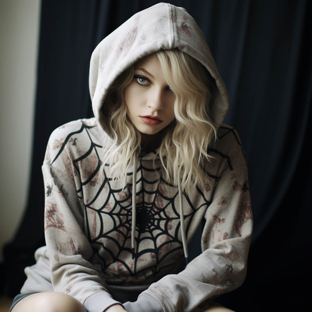 A woman wears a Jersey Cotton spider print hoodie