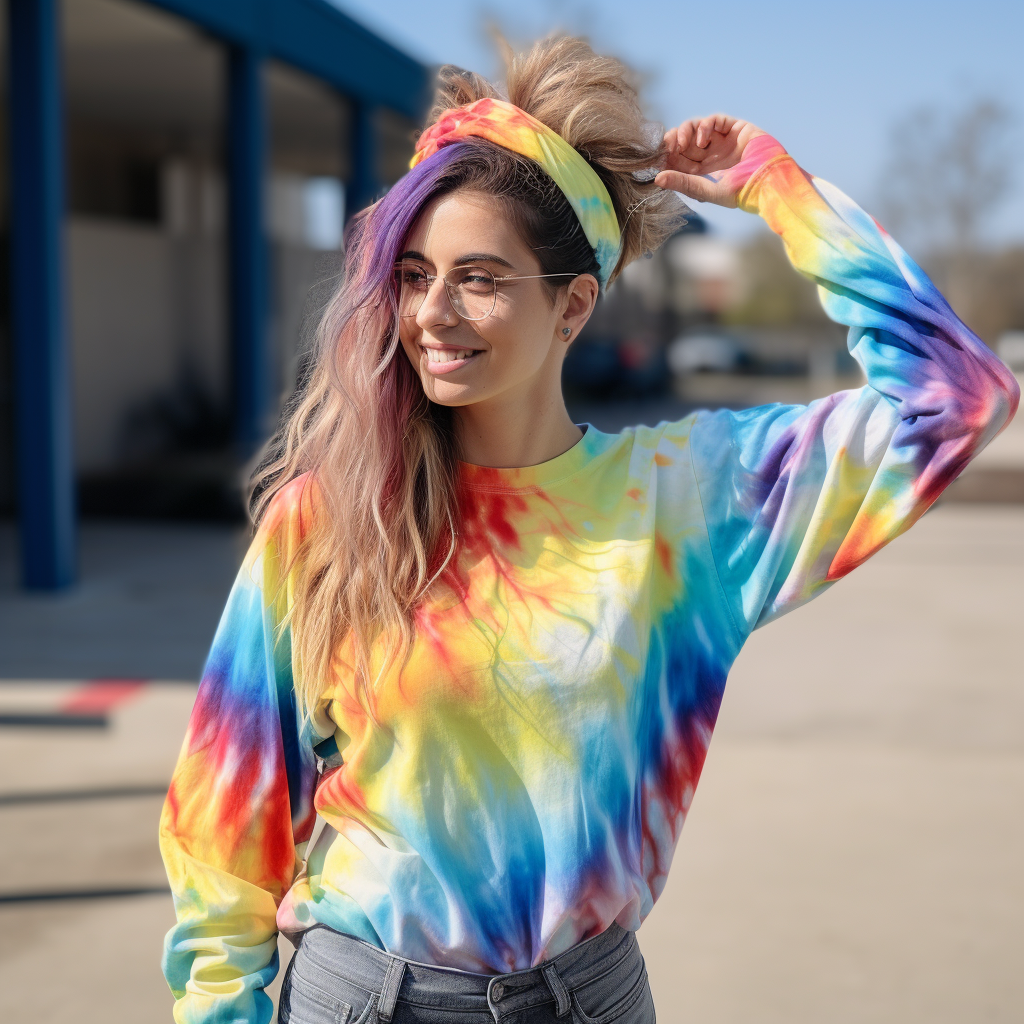 A woman wears a long-sleeved tie-dye T-shirt that shows off her upper body while leaving her head exposed