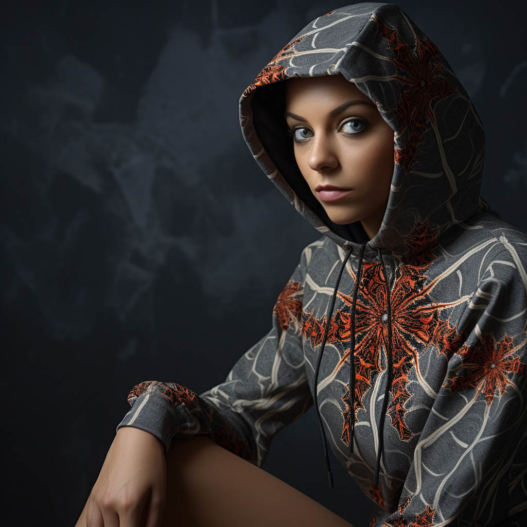 A woman wears a polyester spider-print hoodie