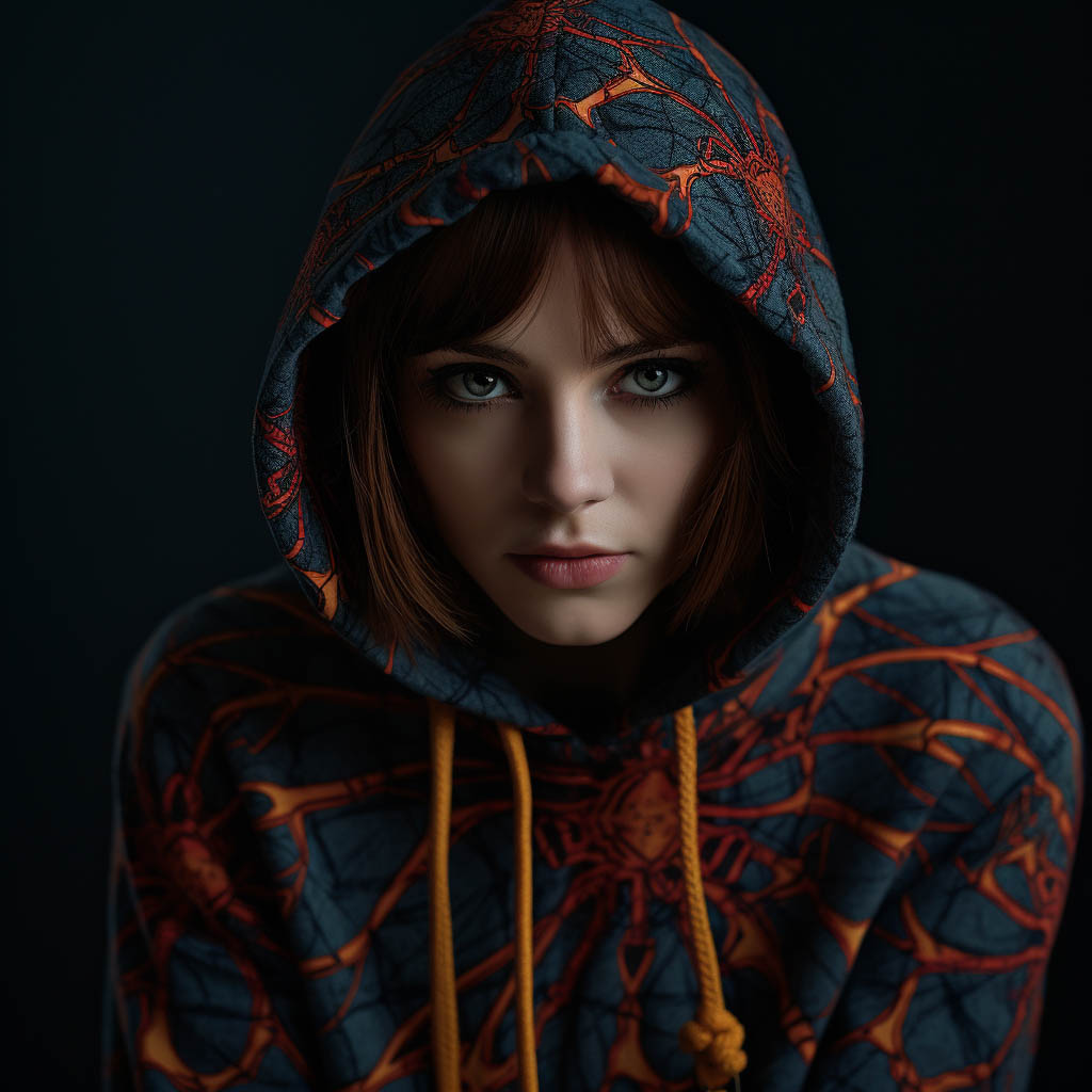 A woman wears a wool spider-print hoodie