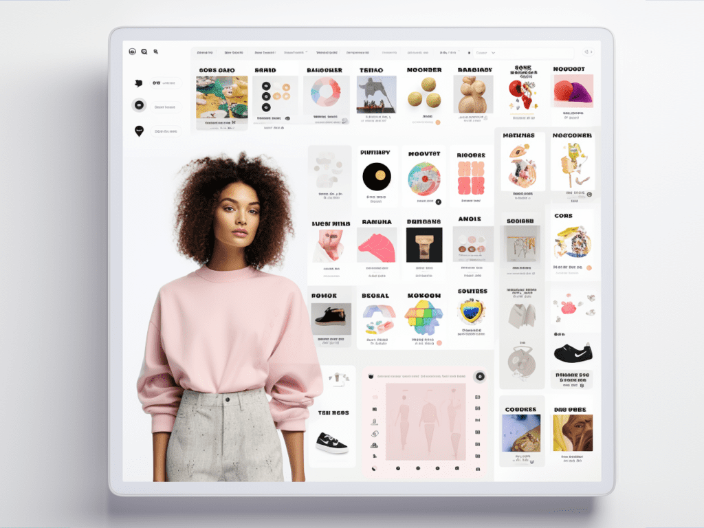 An aesthetically pleasing, clean layout of an online shopping interface is displayed on a digital device screen. Prominent logos of ASOS, Boohoo, and Missguided adorn the top corners. The main portion of the screen showcases an array of sweatshirt sets in various colors, patterns, and styles, neatly organized in a grid format. Each product has a clear image, brief description, and price tag beneath. To the side, intuitive filters categorize options by size, color, and design, enabling easy navigation. Soft light illuminates the device, emphasizing the convenience and vast choices available at the fingertips of online shoppers.