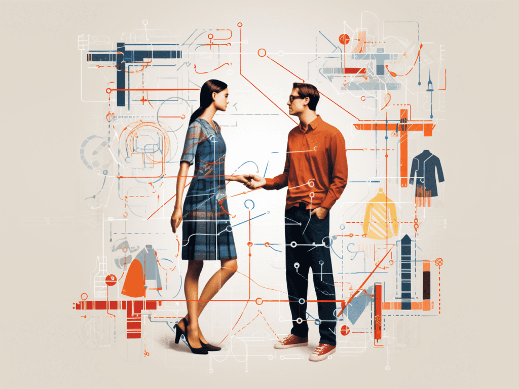 An illustration depicting effective communication and collaboration between a clothing brand and its manufacturer. The image shows two people engaged in a conversation, symbolizing open communication. Arrows and lines connecting them represent a collaborative partnership. This visual emphasizes the importance of clear communication and collaboration in the manufacturing process.