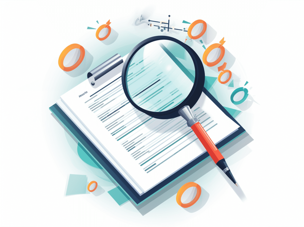 An illustration portraying a magnifying glass zooming in on a checklist. The checklist includes essential factors like product range, manufacturing processes, customer reviews, and pricing, highlighting the thorough evaluation process in choosing the ideal supplier.