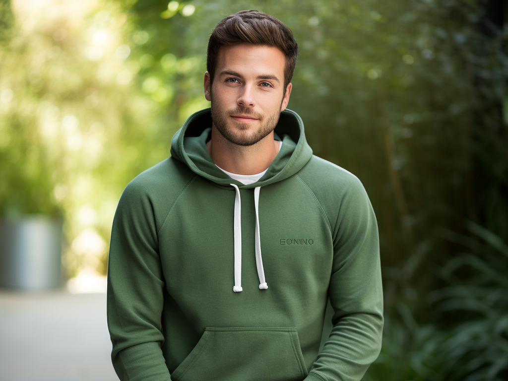 An image featuring an eco-friendly and sustainable hoodie design. This trend emphasizes the use of environmentally friendly materials such as organic cotton and recycled fabrics in the hoodie's production. Additionally, sustainable practices like eco-friendly dyes and biodegradable packaging are incorporated into the design process. This trend allows individuals to make fashionable choices while also contributing positively to the environment, promoting a sense of responsibility and eco-consciousness in the fashion industry.