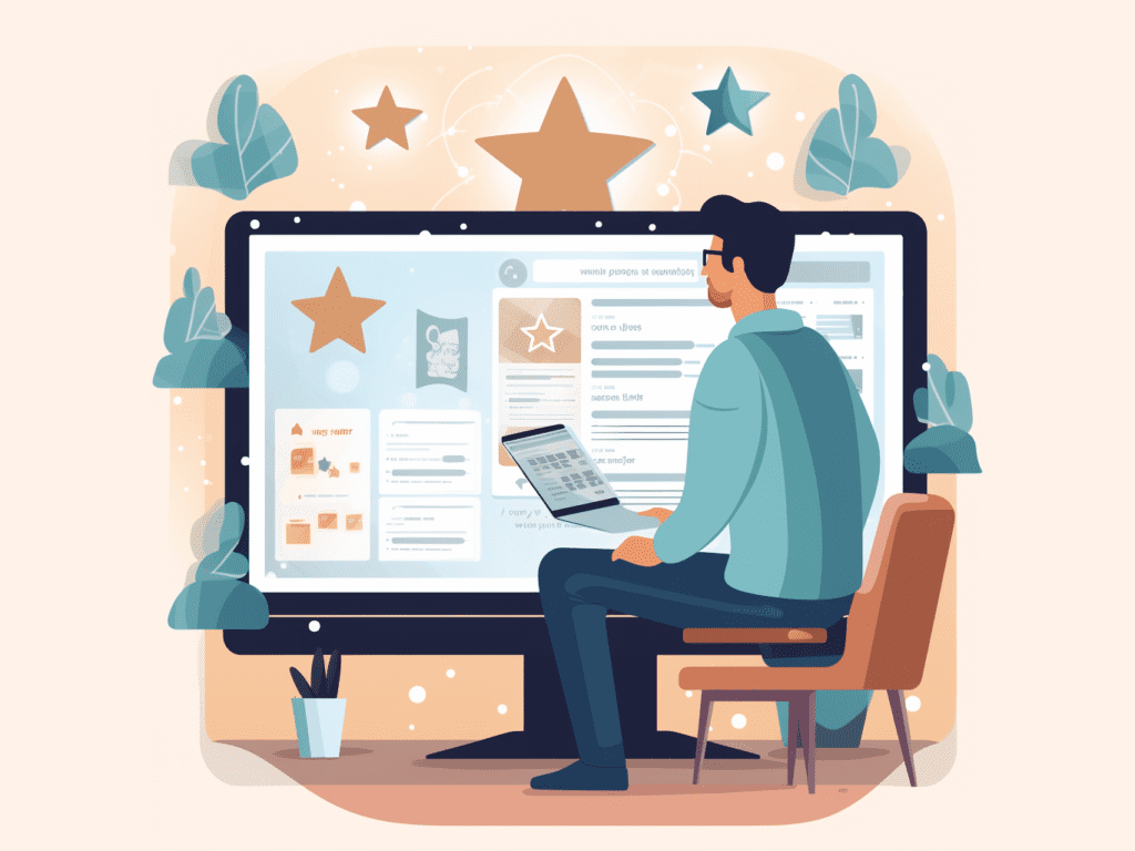 An image illustrating a person using a computer to read online customer reviews and testimonials about a clothing manufacturer. The person is shown browsing through a website with star ratings and written reviews. This visual highlights the importance of researching and evaluating customer feedback when choosing a manufacturer.