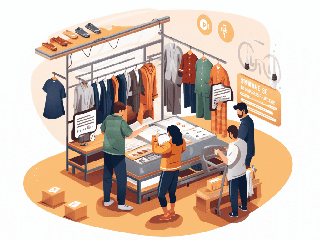 An image illustrating quality control and assurance measures in the clothing manufacturing process. It shows a quality control team inspecting garments for defects and ensuring that they meet the specified quality standards. This visual emphasizes the importance of quality checks and inspections in the production process.