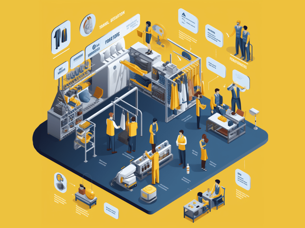 An image illustrating the evaluation of a clothing manufacturer's production capabilities and capacity. It depicts a production facility with modern machinery and skilled workers. The facility is efficiently producing clothing items. This visual emphasizes the importance of assessing a manufacturer's ability to meet production needs and deadlines.