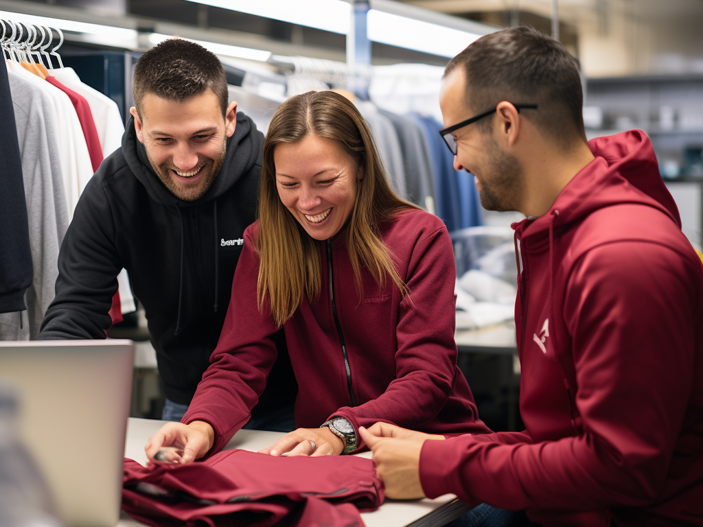 An image illustrating the expectations when working with a customized hoodie manufacturer. The image depicts a professional and friendly team of experts from Modaknits assisting a customer through the customization process. They are shown discussing material options, design choices, and demonstrating the use of advanced technology for high-quality customization. This visual conveys the message that customers can expect a seamless and customer-focused experience when collaborating with Modaknits for their customized hoodie needs.