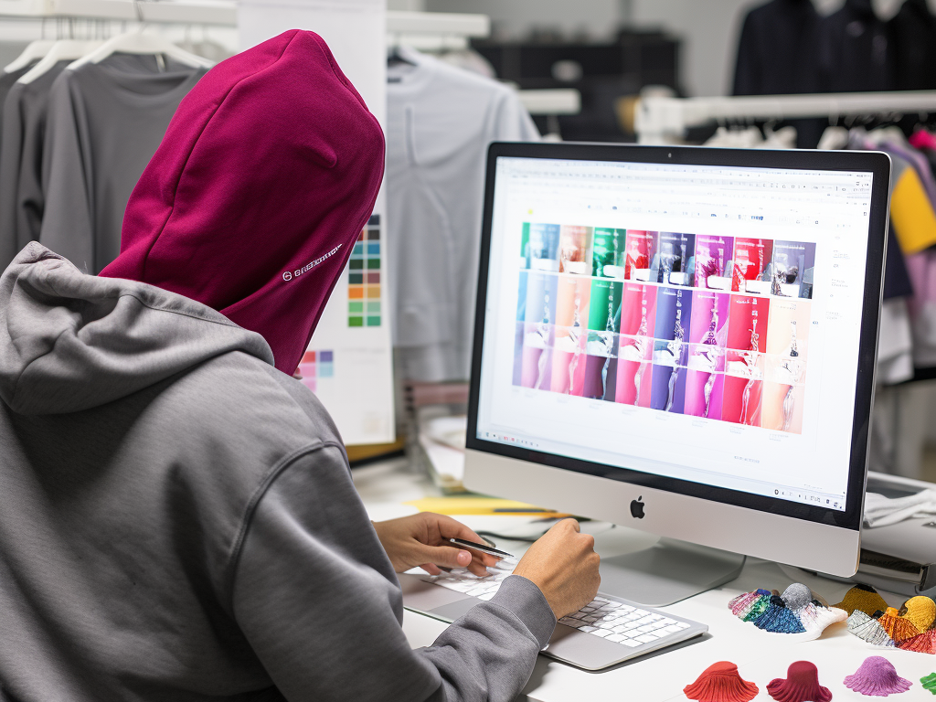 An image illustrating the hoodie customization process at Modaknits. The picture shows a person working on a computer, selecting design elements and colors for a customized hoodie. There's a colorful palette of fabric swatches and printing options on the screen, highlighting the range of customization choices available. This image represents the creative and personalized approach Modaknits offers to customers, allowing them to craft their unique vision for custom hoodies.