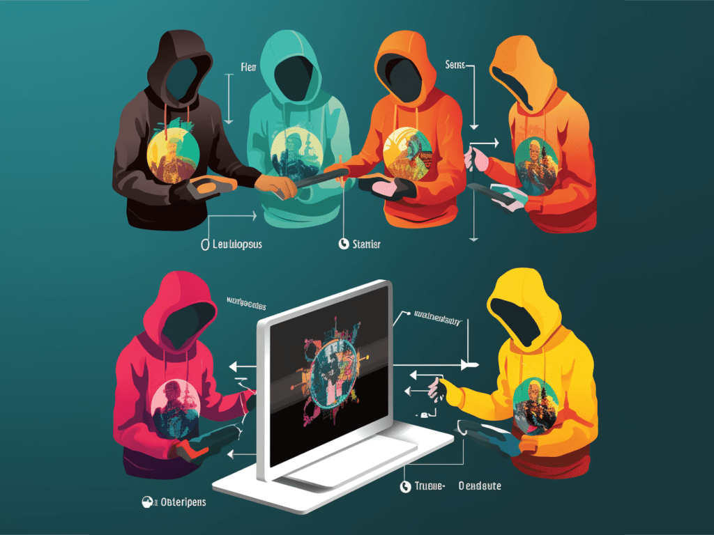 An image illustrating the steps of the customization process for hoodies. The first step shows a selection of hoodie types, including options for material, color, and style. The second step depicts a person uploading digital artwork or providing a physical design sample. The final step showcases various printing techniques being used to transfer the chosen design onto the hoodie. This image visually represents the process of customizing a hoodie, from choosing the base garment to the final printing of the design.