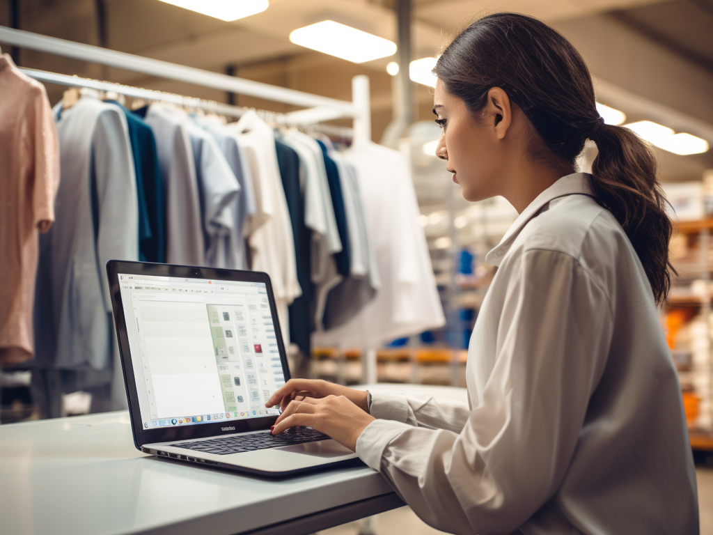 An image representing the process of researching and shortlisting clothing manufacturers. It shows a person using a computer to browse online directories, attend virtual trade shows, and seek referrals from industry contacts. The person is making notes and organizing a list of potential manufacturers based on factors like location, order quantities, lead times, and client references. This visual emphasizes the importance of thorough research in finding the right manufacturer for your business needs.