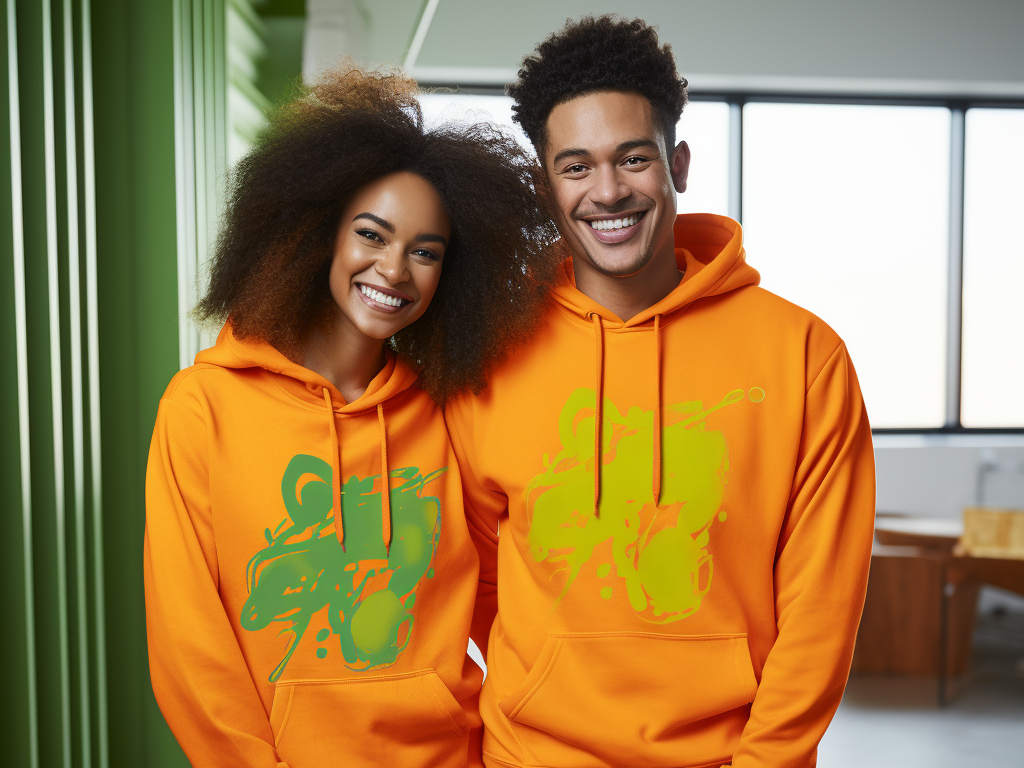 An image showcasing a custom hoodie design with bold and vibrant color choices. This 2023 trend encourages the use of eye-catching hues, such as neon greens and vibrant oranges, to create a visually striking statement. Whether through a monochromatic color scheme or a color-blocked design, bold and vibrant colors are a prominent feature, making the hoodie truly stand out.