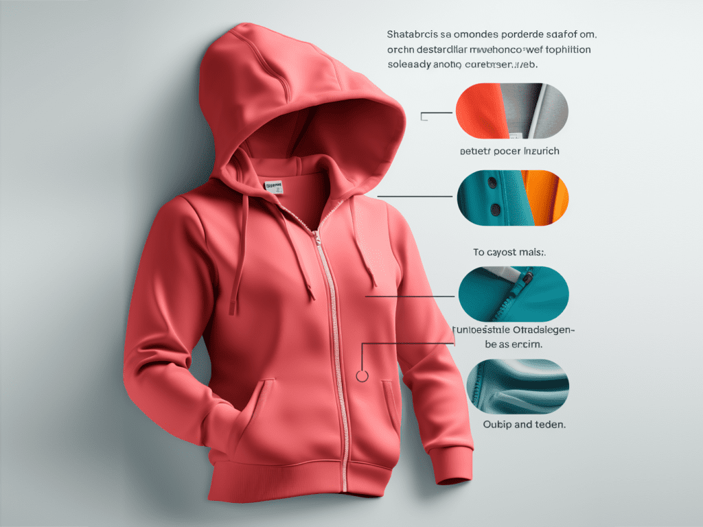 An image showcasing different material options for customized hoodies. The materials include soft and breathable cotton, durable and moisture-wicking polyester, and warm and insulating fleece. Each material has its unique characteristics, allowing individuals to choose based on their preferences and intended use. The image helps illustrate the importance of selecting the right material to achieve the desired look, comfort, and functionality of a customized hoodie.