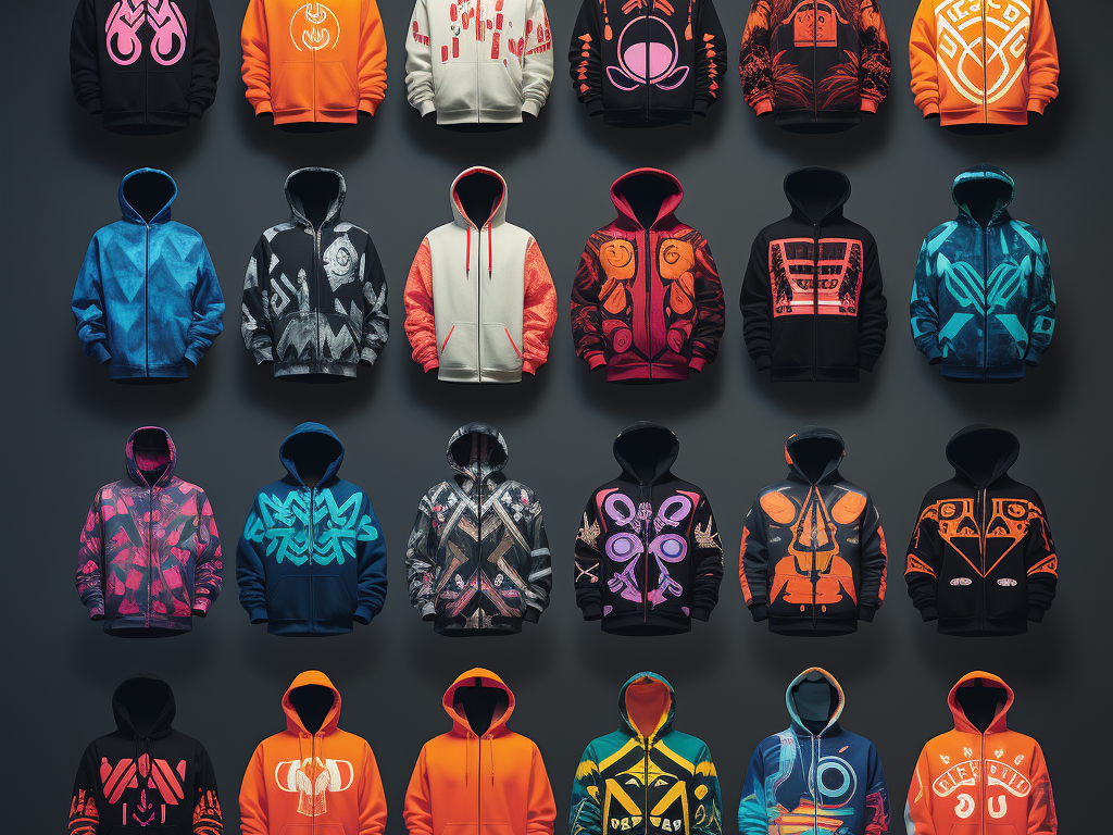 An image showcasing various custom hoodie designs that reflect the top trends for 2023. The hoodies are vibrant and feature eye-catching color palettes, geometric patterns, and oversized styles for a streetwear-inspired look. Some of the hoodies have interactive elements, such as color-changing abilities with a touch or LED lights that sync with music, showcasing the blend of fashion and technology in modern custom hoodies. These trends offer individuals the opportunity to express their unique style and make a fashion statement while customizing everything from fabric to design details.