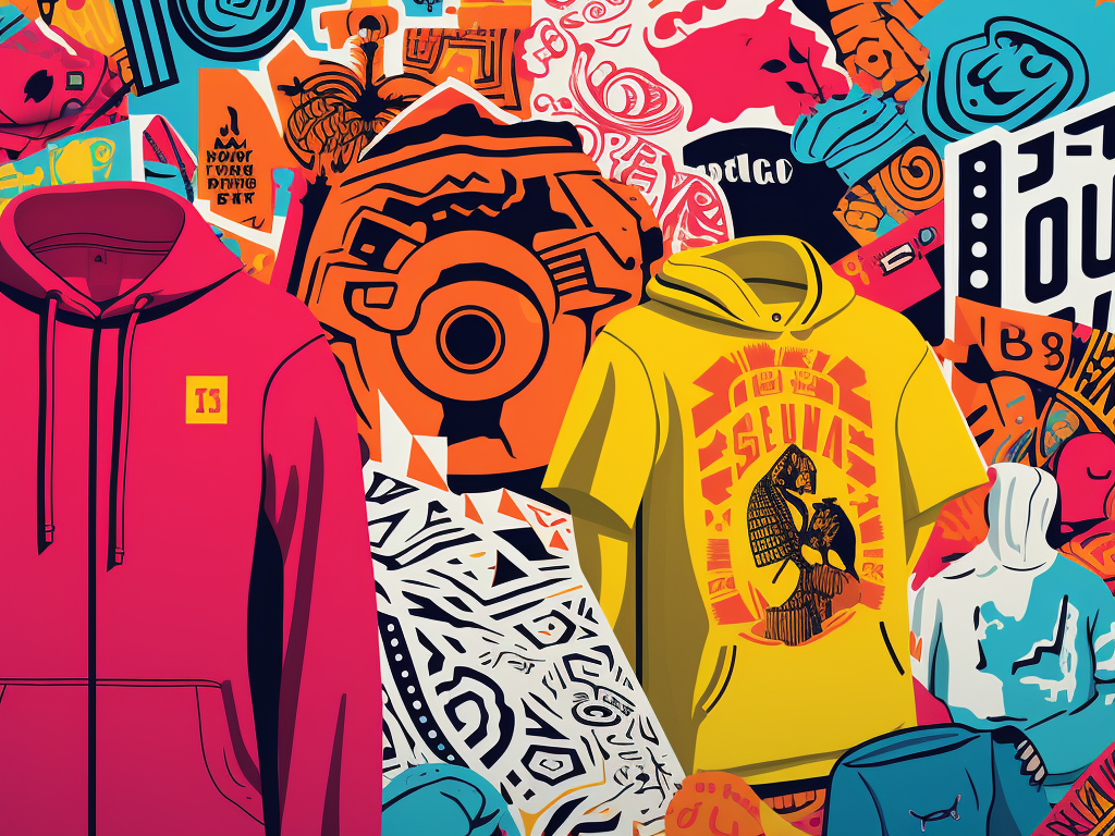 An image showcasing various design elements that can be selected for a customized hoodie. It includes examples of different color schemes, typography styles, and imagery options. Some elements are bold and eye-catching, featuring bright colors and large typography, while others are more subtle, with a monochromatic color scheme and smaller graphics. This image visually represents the diversity of design choices available for creating a unique and personalized look for custom hoodies.