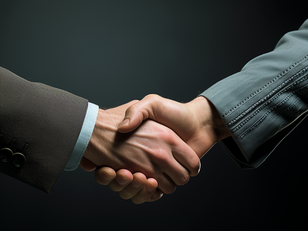 An image symbolizing a handshake between a fashion designer and a representative of a clothing manufacturer. This represents the final decision and the establishment of a partnership between the designer and the manufacturer. It signifies the importance of clear communication and mutual understanding in a successful collaboration. 